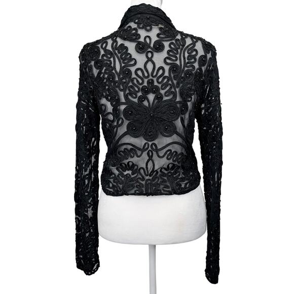 Vintage 90s CACHE Black Sheer Mesh Beaded Jacket Womens L Cropped Embellished - Picture 6 of 13